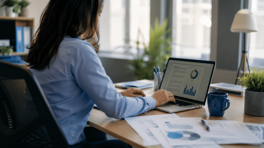 Real candid office: a professional at a tidy desk with laptop and printed documents, natural angle, partly turned away / out of sharp focus (no clear face); warm window daylight, blue/green desk accents, shallow DoF; no logos or readable names