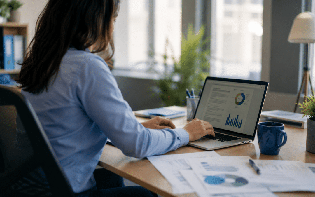 Real candid office: a professional at a tidy desk with laptop and printed documents, natural angle, partly turned away / out of sharp focus (no clear face); warm window daylight, blue/green desk accents, shallow DoF; no logos or readable names
