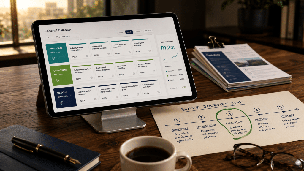 B2B content marketing South Africa — tablet displaying a pipeline-stage editorial calendar beside a printed buyer-journey map and case study one-pagers