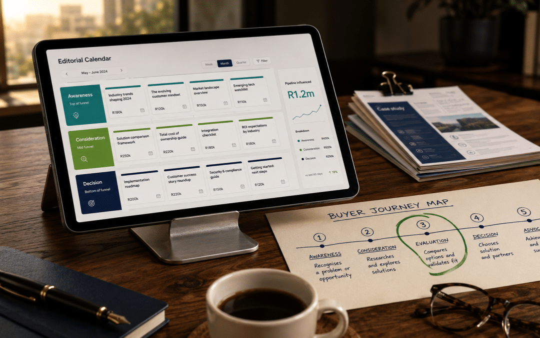 B2B content marketing South Africa — tablet displaying a pipeline-stage editorial calendar beside a printed buyer-journey map and case study one-pagers