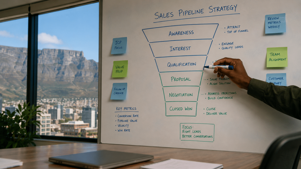b2b lead generation agency cape town — whiteboard sales pipeline planning session