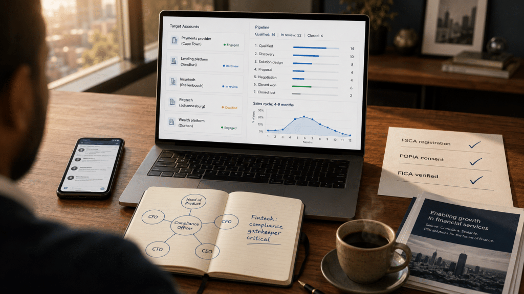B2B lead generation for fintech South Africa — over-the-shoulder view of operator reviewing fintech sales pipeline dashboard on laptop showing target account list of SA financial-technology firms and compliance-aware outreach sequence