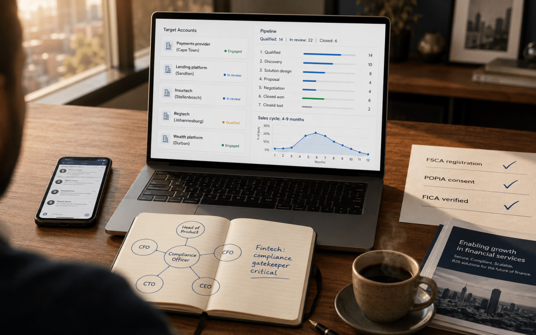 B2B lead generation for fintech South Africa — over-the-shoulder view of operator reviewing fintech sales pipeline dashboard on laptop showing target account list of SA financial-technology firms and compliance-aware outreach sequence