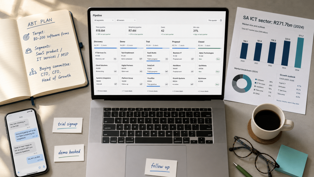 B2B lead generation for IT and SaaS South Africa — overhead flat-lay of desk with laptop showing SaaS sales pipeline dashboard, notebook with account-based targeting plan, and printed SA technology sector data