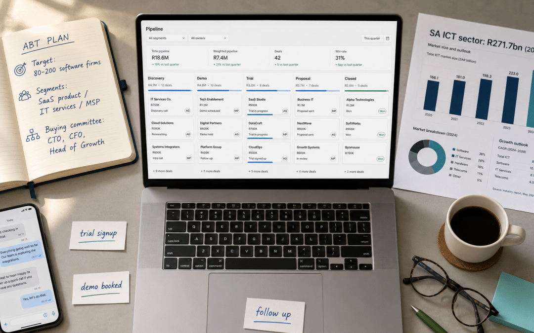 B2B lead generation for IT and SaaS South Africa — overhead flat-lay of desk with laptop showing SaaS sales pipeline dashboard, notebook with account-based targeting plan, and printed SA technology sector data