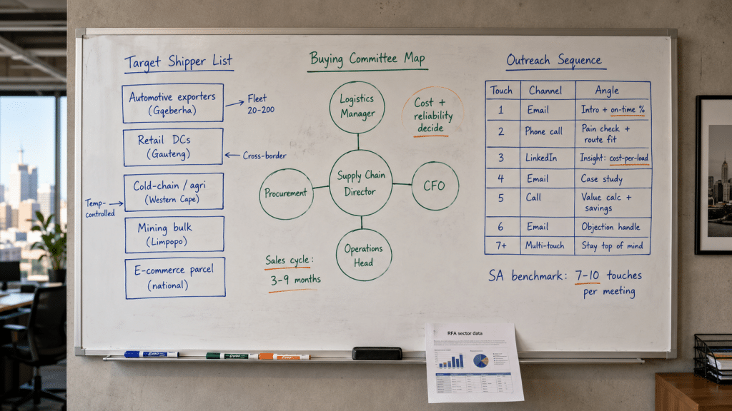B2B lead generation for logistics South Africa — whiteboard covered in hand-drawn account-based targeting strategy for SA freight and supply-chain firms including target shipper list, buying committee map, and multi-touch outreach sequence