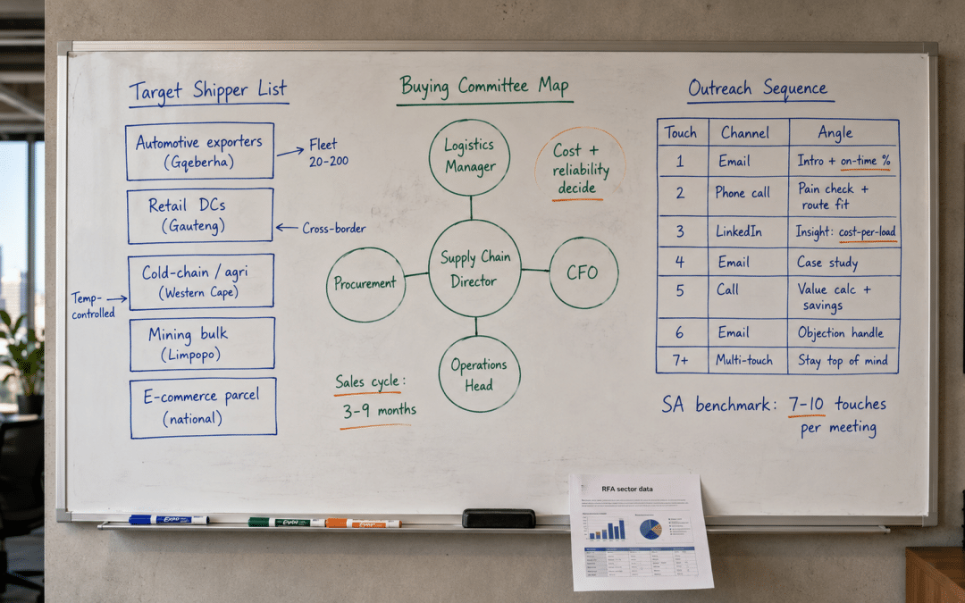 B2B lead generation for logistics South Africa — whiteboard covered in hand-drawn account-based targeting strategy for SA freight and supply-chain firms including target shipper list, buying committee map, and multi-touch outreach sequence