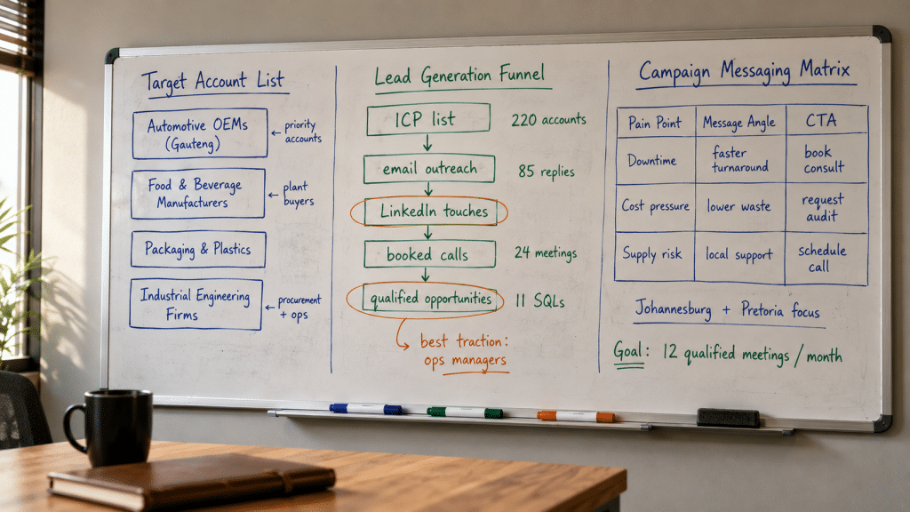 B2B lead generation for manufacturing South Africa — whiteboard covered in hand-drawn account-based marketing strategy for SA manufacturing sector including target account list procurement decision-maker mapping and sales sequence diagram