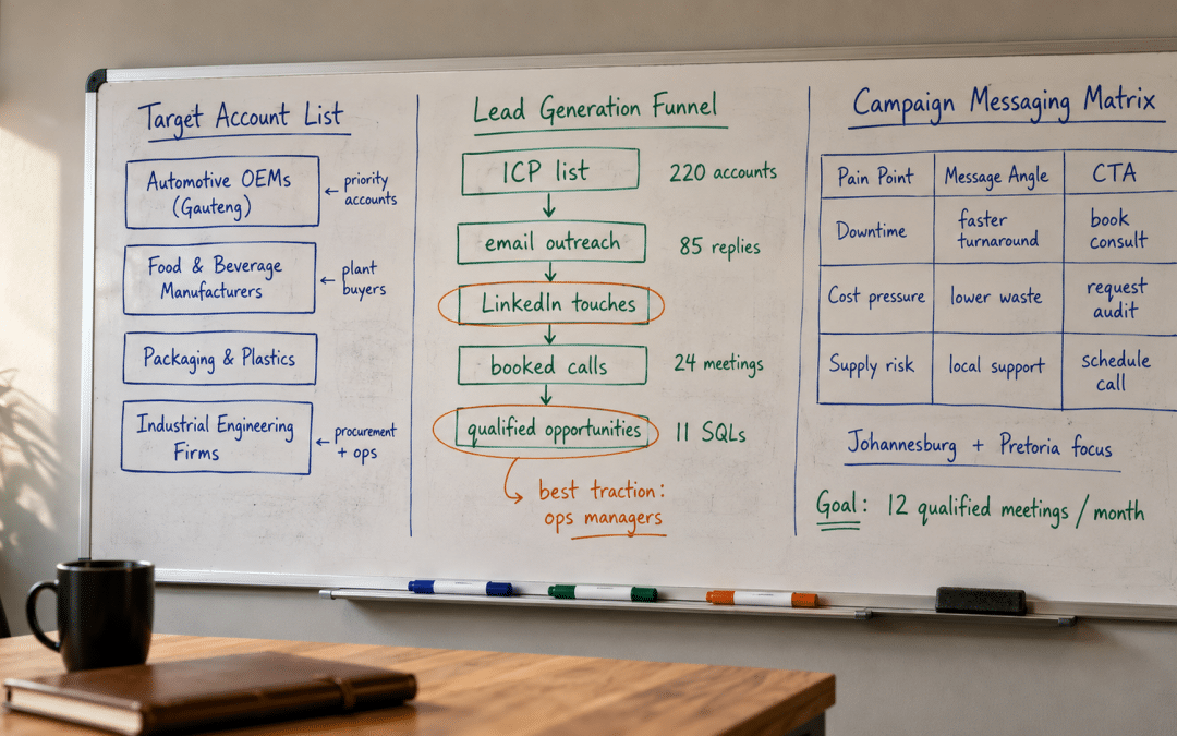 B2B lead generation for manufacturing South Africa — whiteboard covered in hand-drawn account-based marketing strategy for SA manufacturing sector including target account list procurement decision-maker mapping and sales sequence diagram