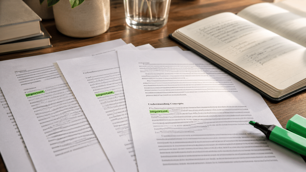 Brand mentions AI search systems read represented by printed article clippings spread on a desk with one company name highlighted in green across several pages