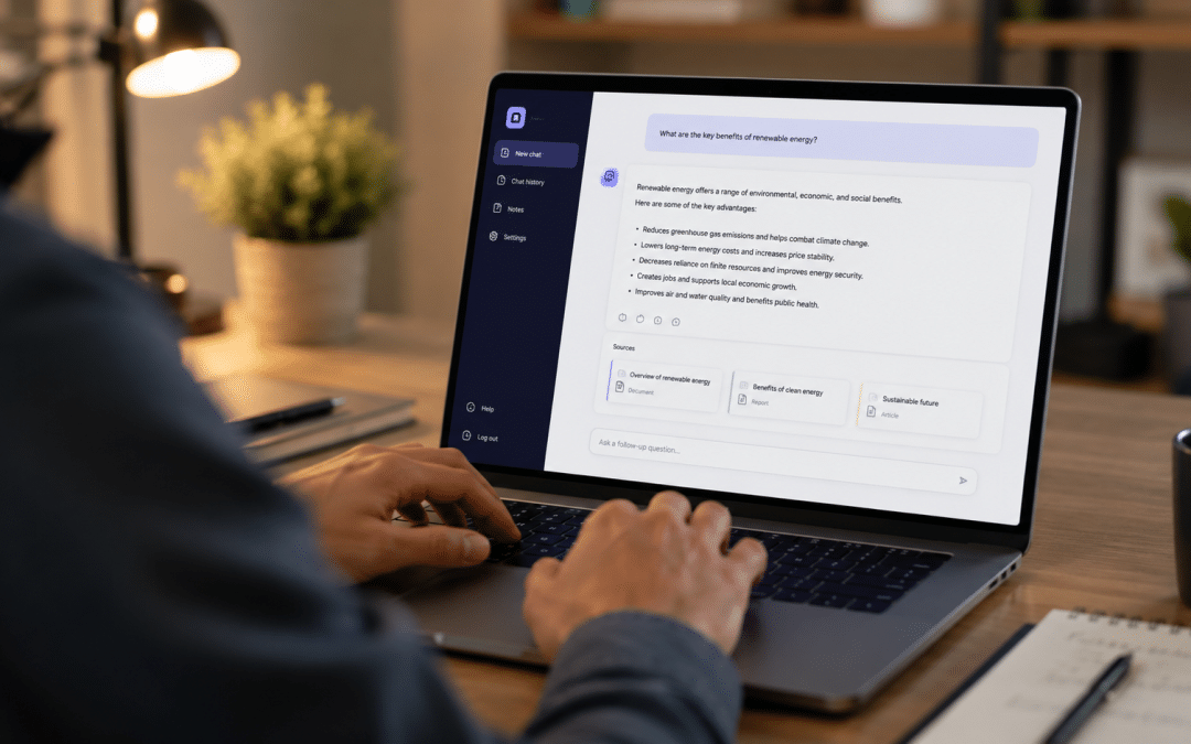 ChatGPT recommend your business demonstrated over the shoulder of a person typing a local service request into a generic AI chat interface on a laptop