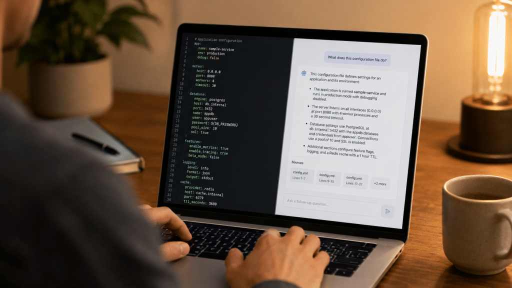 ChatGPT search optimisation shown over the shoulder of a person at a laptop reviewing a generic robots.txt file and a chat-style answer interface