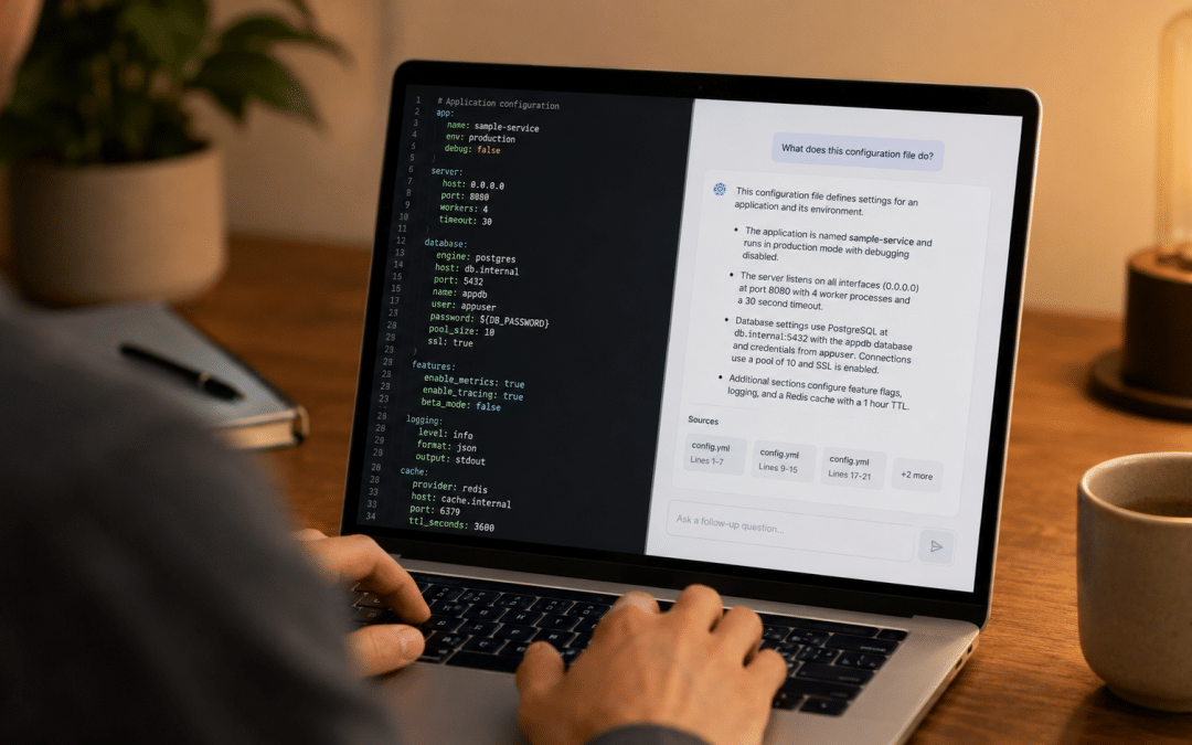 ChatGPT search optimisation shown over the shoulder of a person at a laptop reviewing a generic robots.txt file and a chat-style answer interface