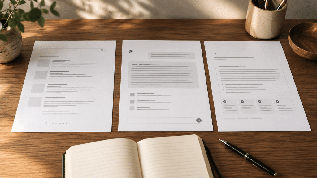 ChatGPT vs Google vs Perplexity South Africa compared as three printed answer-page mockups laid side by side on a desk with a notebook and pen