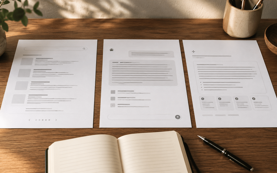 ChatGPT vs Google vs Perplexity South Africa compared as three printed answer-page mockups laid side by side on a desk with a notebook and pen