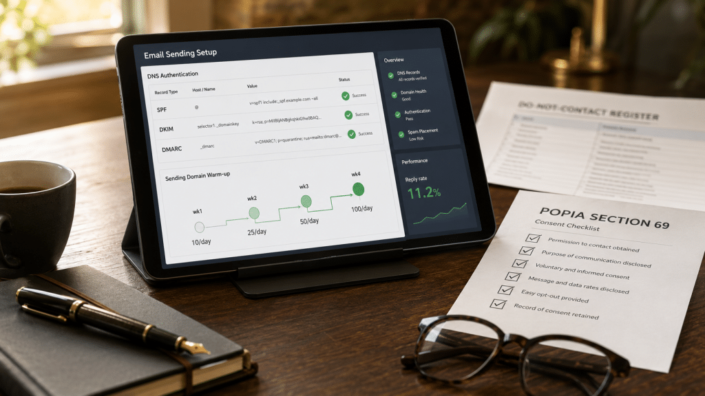 Cold email deliverability South Africa — tablet on a desk showing DNS authentication records and a sending-domain warm-up schedule beside a printed POPIA Section 69 consent checklist