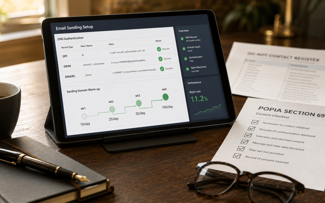 Cold email deliverability South Africa — tablet on a desk showing DNS authentication records and a sending-domain warm-up schedule beside a printed POPIA Section 69 consent checklist