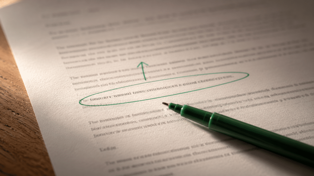 Content AI Overviews cite illustrated as a macro close-up of a printed draft page being edited with a green pen, one sentence circled and an arrow moved to the top