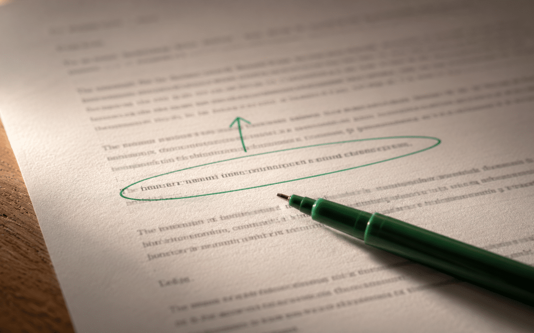 Content AI Overviews cite illustrated as a macro close-up of a printed draft page being edited with a green pen, one sentence circled and an arrow moved to the top
