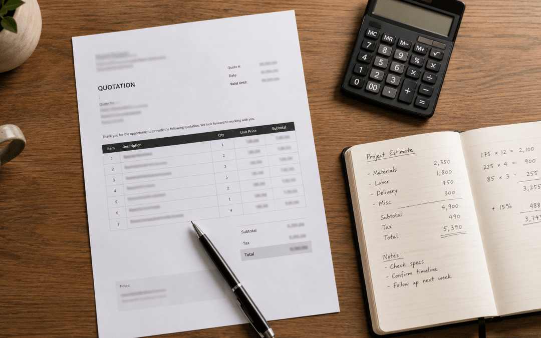 Cost of AEO services South Africa shown as a printed quote comparison sheet on a desk with a calculator, pen and notebook alongside