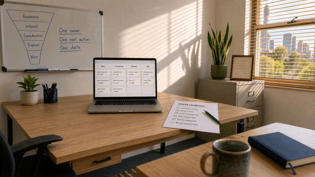 CRM for small business South Africa — compact Johannesburg office with a customer pipeline board on a laptop beside a printed POPIA compliance checklist