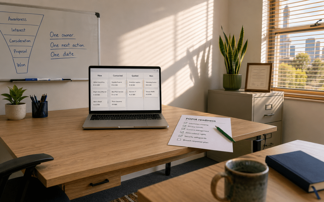 CRM for small business South Africa — compact Johannesburg office with a customer pipeline board on a laptop beside a printed POPIA compliance checklist