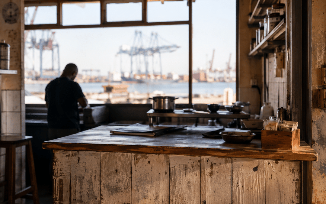 Digital marketing agency Durban context — a small KZN business interior with the harbour visible through the window