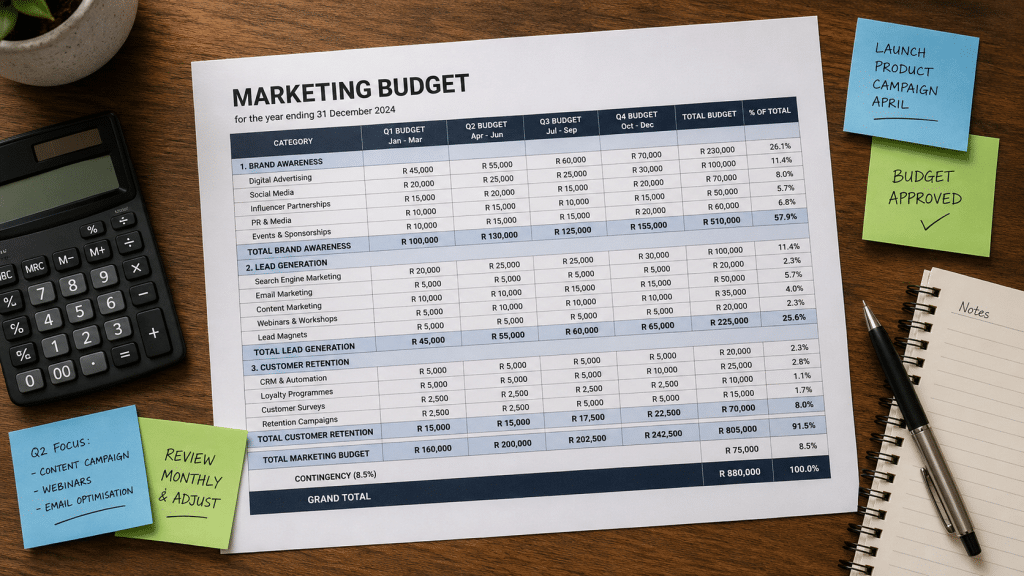 Digital marketing costs Cape Town planning shown as a printed budget breakdown and calculator on a desk