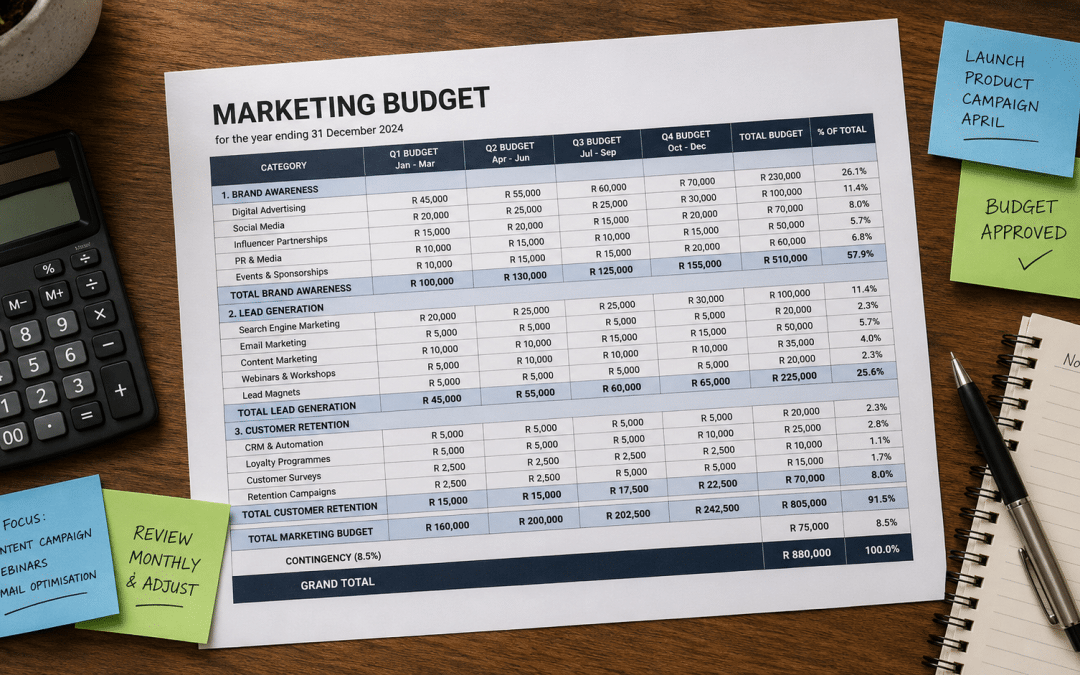 Digital marketing costs Cape Town planning shown as a printed budget breakdown and calculator on a desk