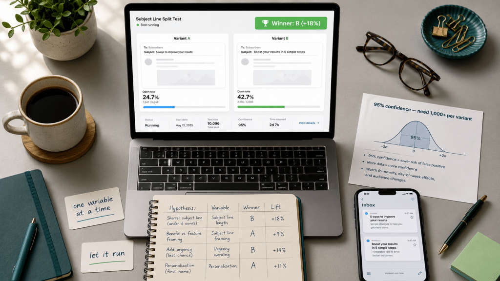 Email AB testing South Africa — overhead flat-lay of a desk with laptop showing two side-by-side subject-line variants and a winner report, a notebook with a test-log table, and a statistical-significance cheat sheet