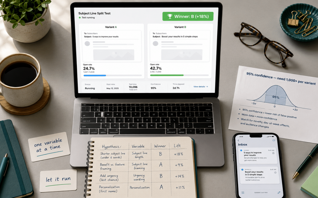 Email AB testing South Africa — overhead flat-lay of a desk with laptop showing two side-by-side subject-line variants and a winner report, a notebook with a test-log table, and a statistical-significance cheat sheet