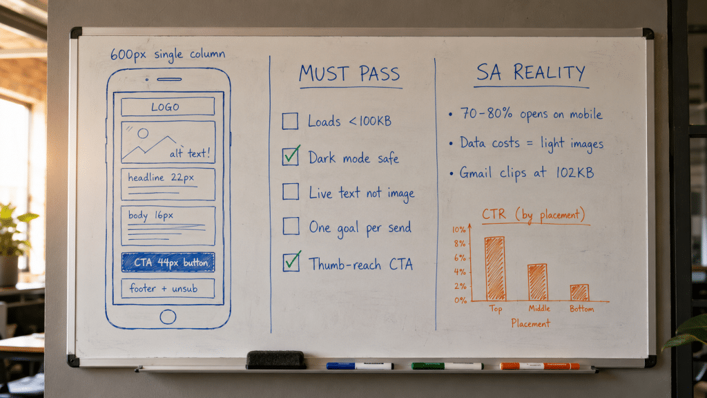 Email design South Africa — whiteboard with hand-drawn mobile-first newsletter wireframe, dark-mode checklist, and SA data-cost annotations for campaign layouts