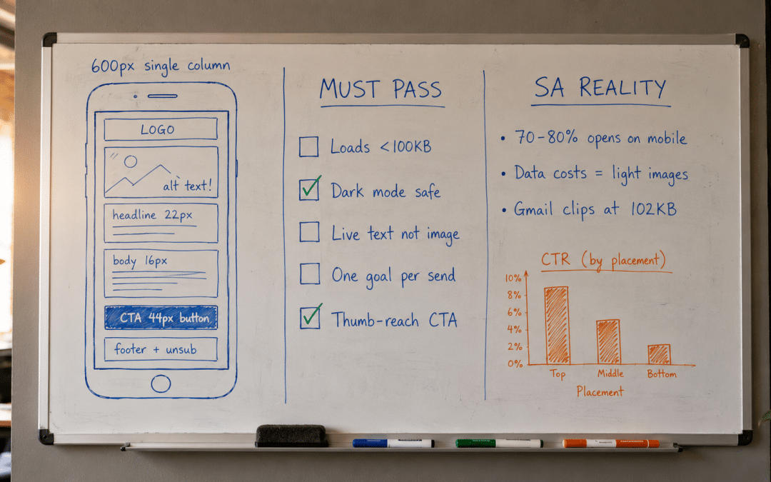 Email design South Africa — whiteboard with hand-drawn mobile-first newsletter wireframe, dark-mode checklist, and SA data-cost annotations for campaign layouts