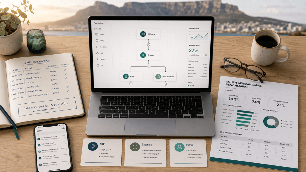 Email marketing Cape Town — overhead flat-lay of a desk with laptop showing an automation flow builder, printed campaign calendar for a Cape Town retailer, and revenue benchmark sheet