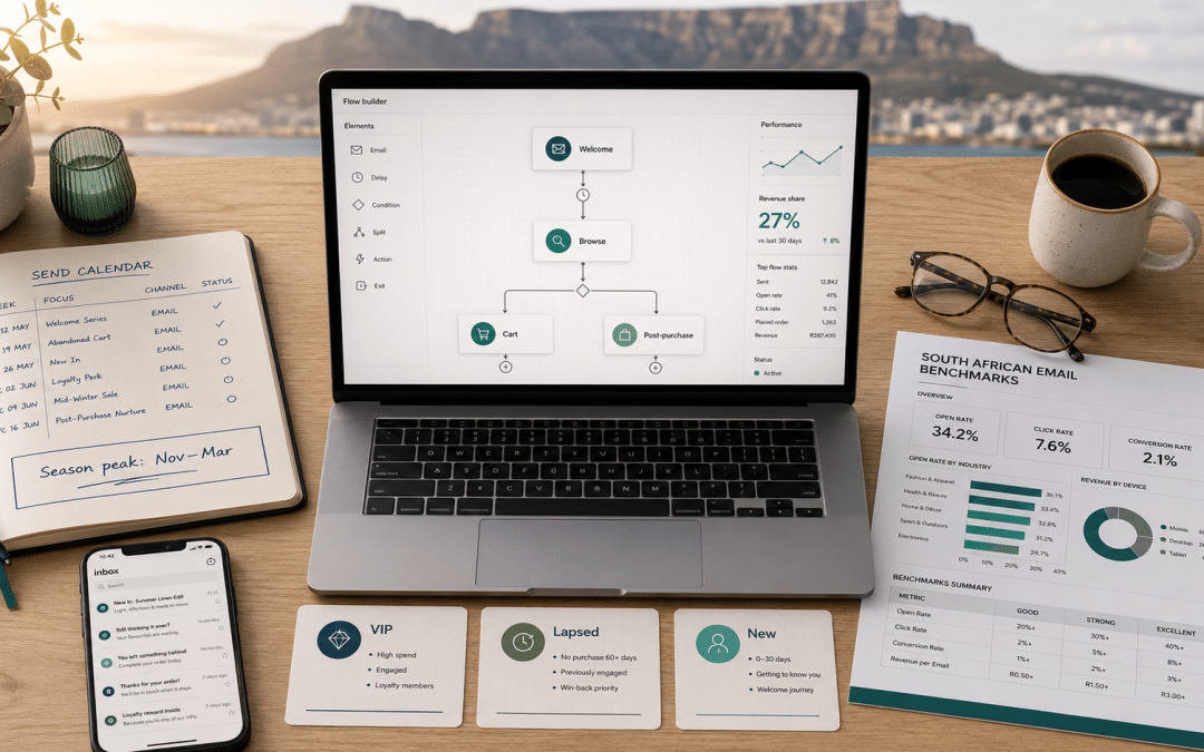 Email marketing Cape Town — overhead flat-lay of a desk with laptop showing an automation flow builder, printed campaign calendar for a Cape Town retailer, and revenue benchmark sheet