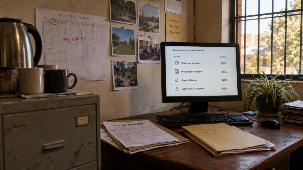 Email marketing for nonprofits South Africa — a small NPO office workspace with a monitor showing a donor appeal schedule, a printed Section 18A certificate template, and a February deadline wall planner