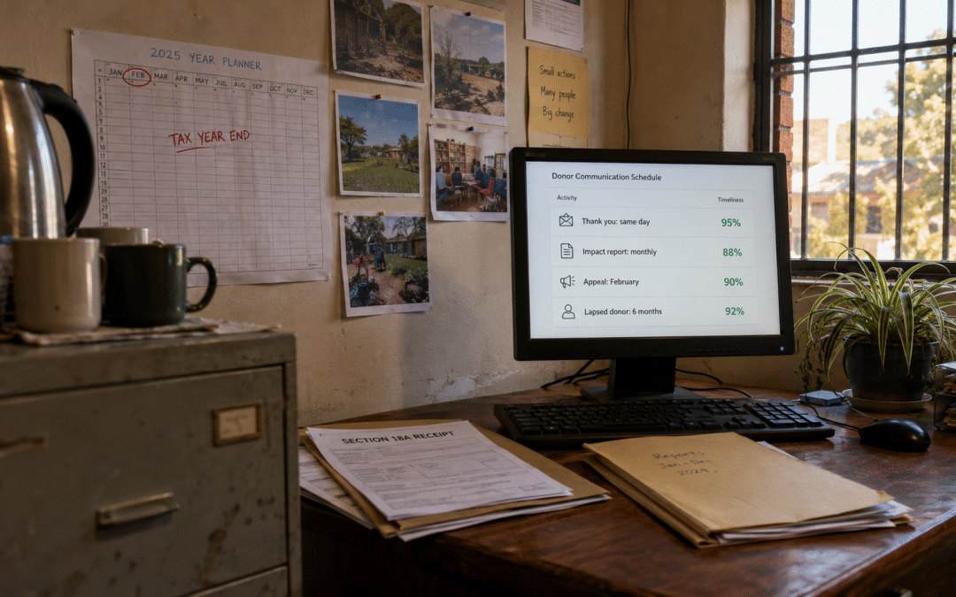 Email marketing for nonprofits South Africa — a small NPO office workspace with a monitor showing a donor appeal schedule, a printed Section 18A certificate template, and a February deadline wall planner