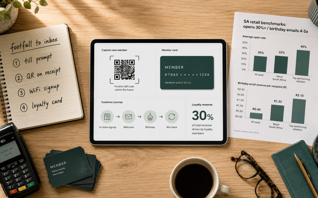 Email marketing for retail South Africa — overhead flat-lay of a shop counter with tablet showing an in-store signup and loyalty flow, a printed footfall-to-inbox capture plan, and a Rand revenue benchmark sheet