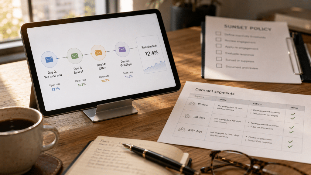 Email re-engagement South Africa — tablet on a desk displaying a win-back automation sequence beside a printed lapsed-subscriber segment report and a sunset-policy checklist