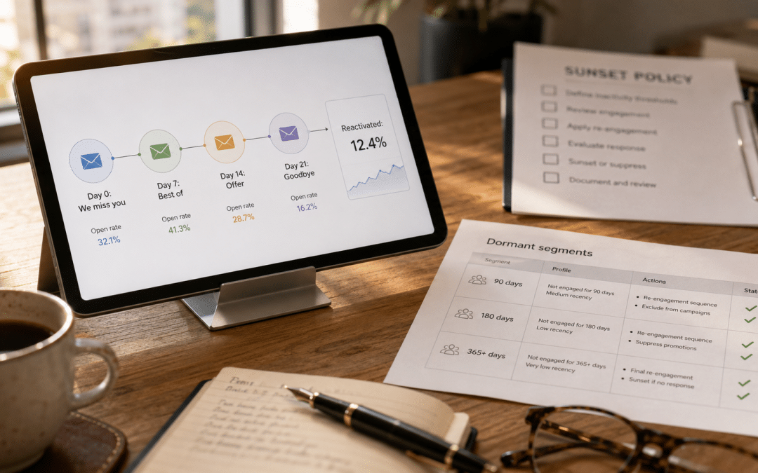 Email re-engagement South Africa — tablet on a desk displaying a win-back automation sequence beside a printed lapsed-subscriber segment report and a sunset-policy checklist