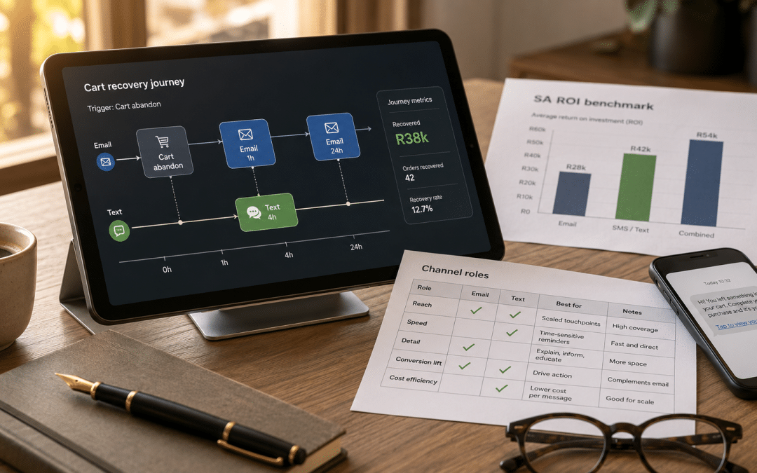 Email SMS marketing South Africa — tablet on a desk showing a two-channel automation flow linking email and text sends, beside a printed channel-comparison table and a Rand ROI benchmark sheet