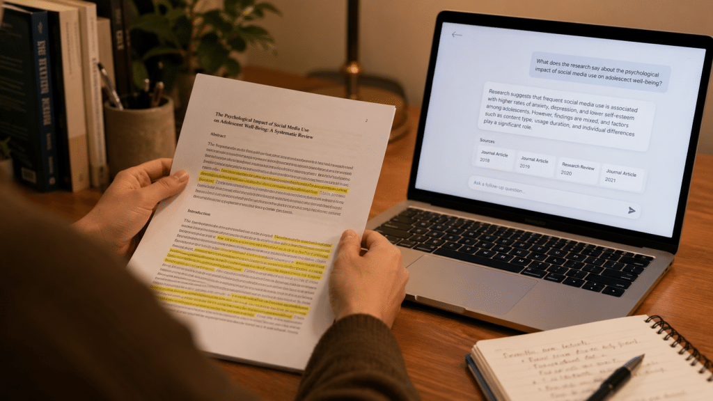 Generative engine optimisation South Africa illustrated over the shoulder of a person reading a printed research paper beside a laptop showing a generic AI answer interface
