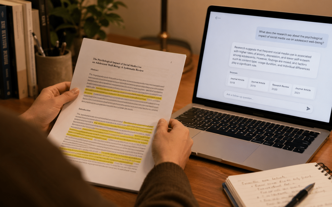 Generative engine optimisation South Africa illustrated over the shoulder of a person reading a printed research paper beside a laptop showing a generic AI answer interface