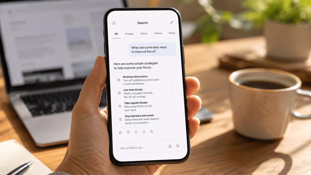 Google AI Mode South Africa shown on a smartphone displaying a generic conversational search tab beside a laptop, warm daylight