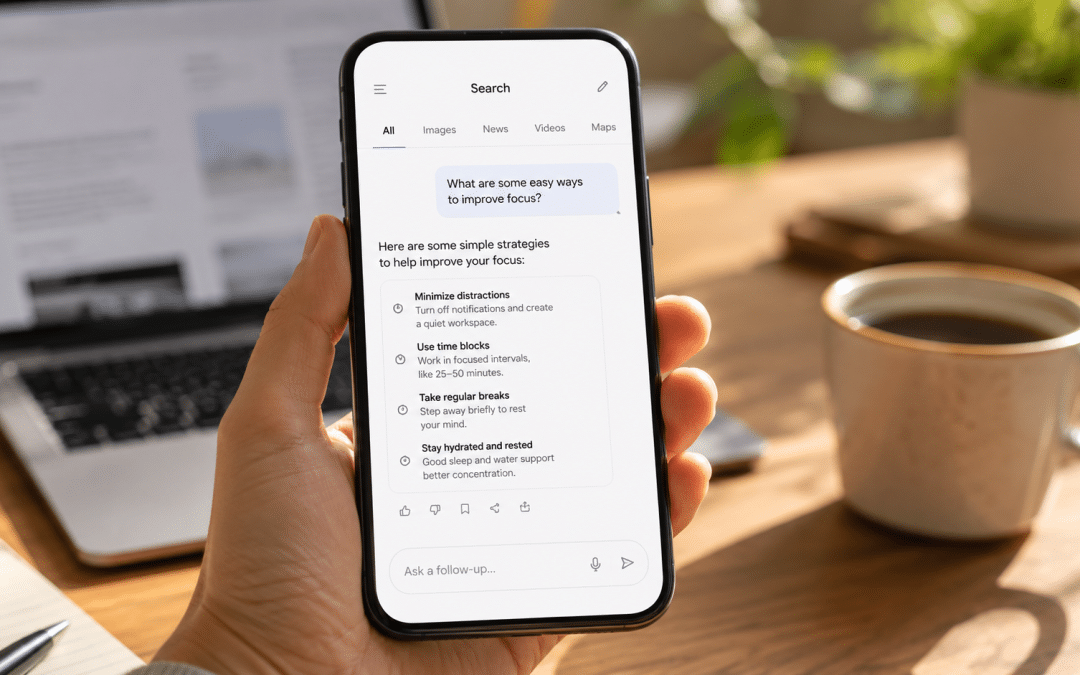 Google AI Mode South Africa shown on a smartphone displaying a generic conversational search tab beside a laptop, warm daylight