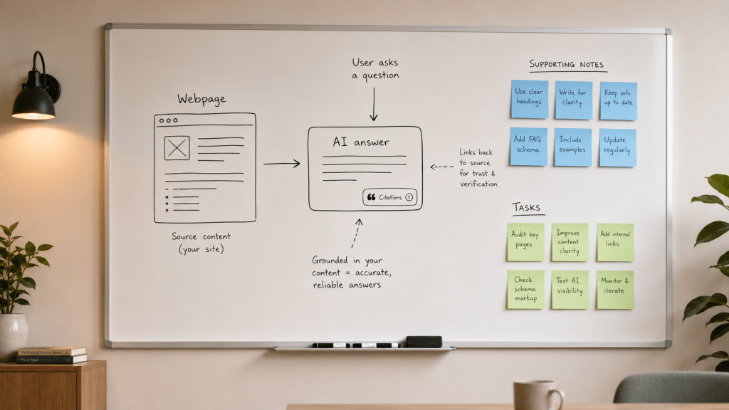 Google AI Overviews South Africa strategy mapped on a whiteboard showing how a page becomes a cited source