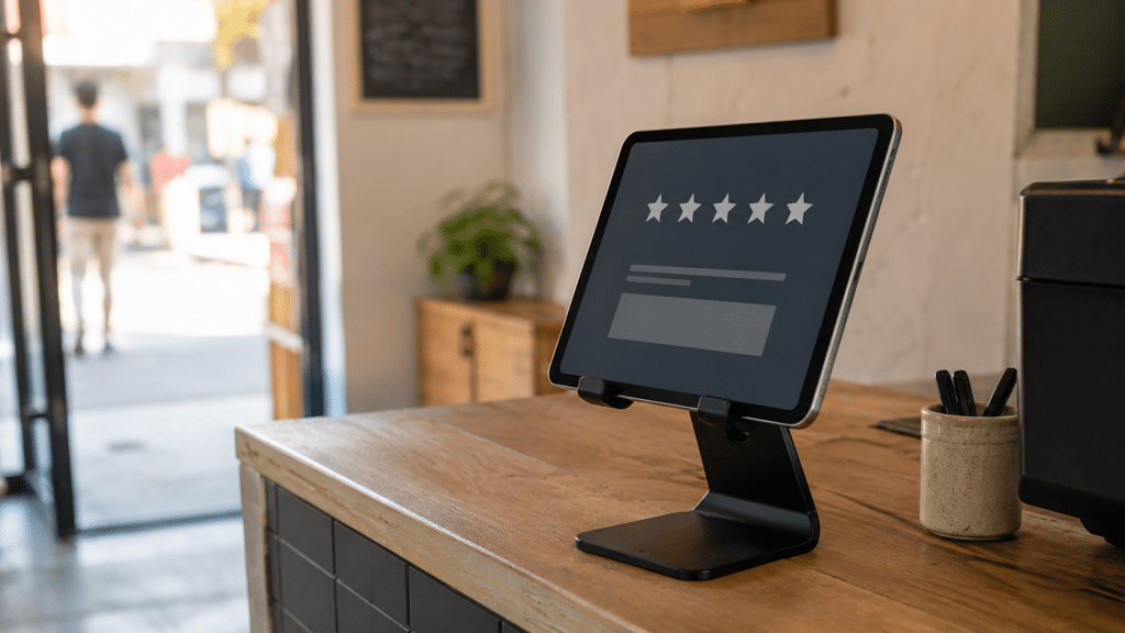 google reviews ai answers illustrated by a South African small retail counter with a tablet showing a generic star-rating interface