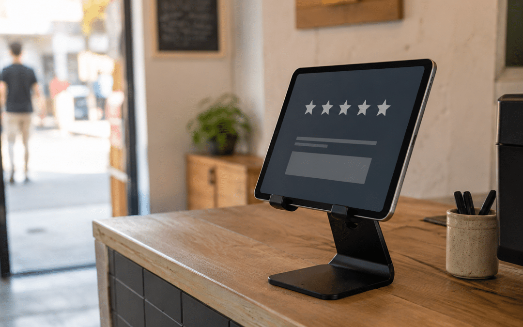 google reviews ai answers illustrated by a South African small retail counter with a tablet showing a generic star-rating interface