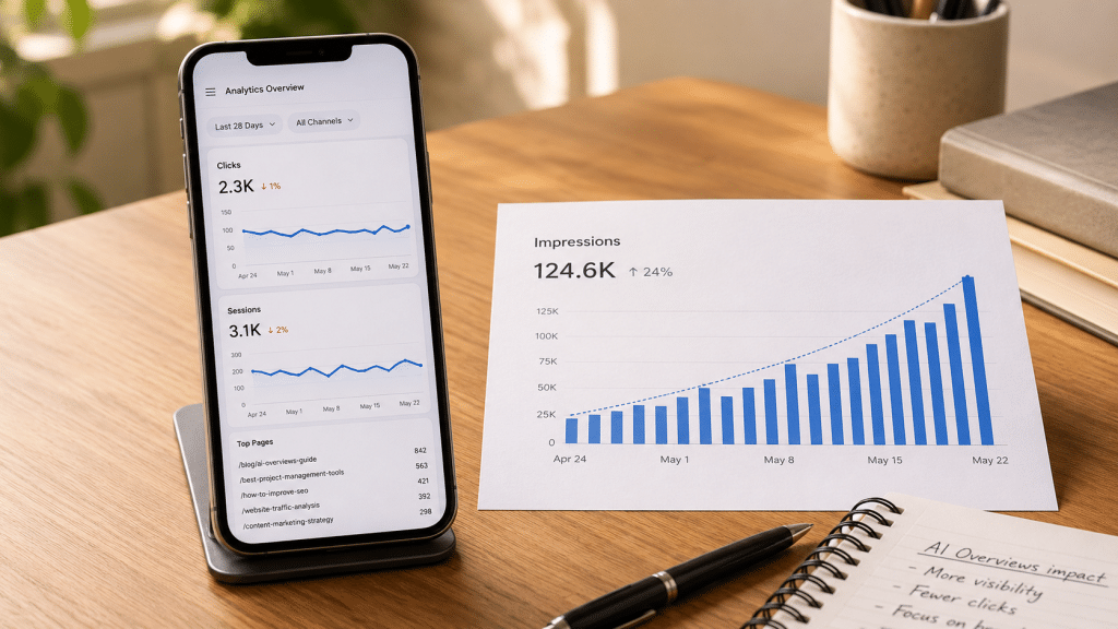 AI Overviews affect website traffic illustrated by a smartphone propped on a desk showing a generic analytics line chart trending flat while a printed impressions chart beside it trends upward