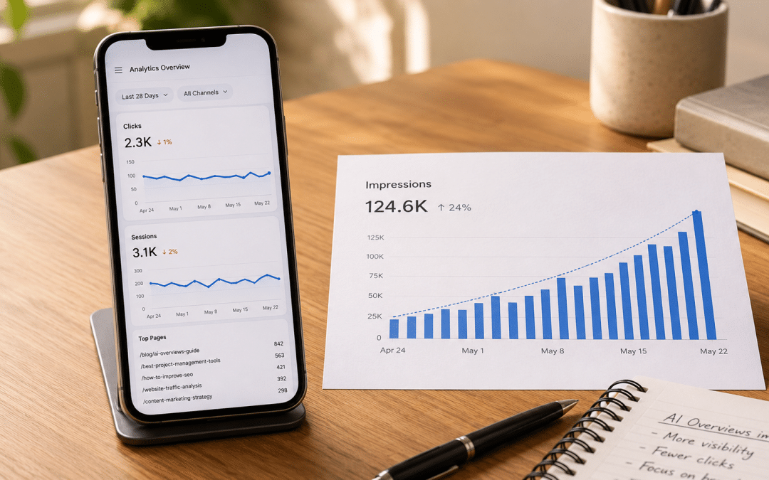 AI Overviews affect website traffic illustrated by a smartphone propped on a desk showing a generic analytics line chart trending flat while a printed impressions chart beside it trends upward